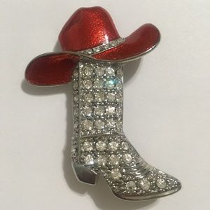 Cowgirl Boot Red Hat Rhinestones Pendant Brooch Silver Tone